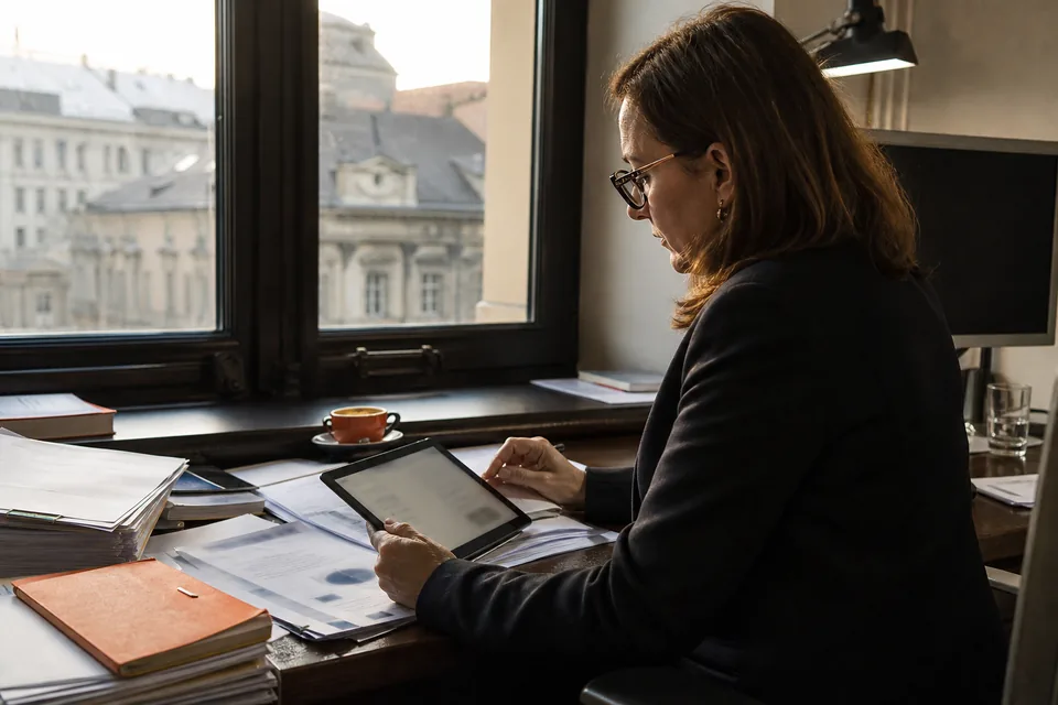 Menedżerka czyta powiadomienie o zmianie w zarządzie spółki